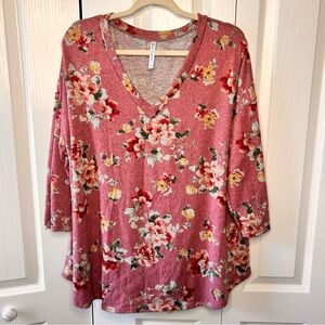 Dear Scarlett Women’s Size XL Red Pink Floral Field 3/4 Sleeve V-Neck Blouse